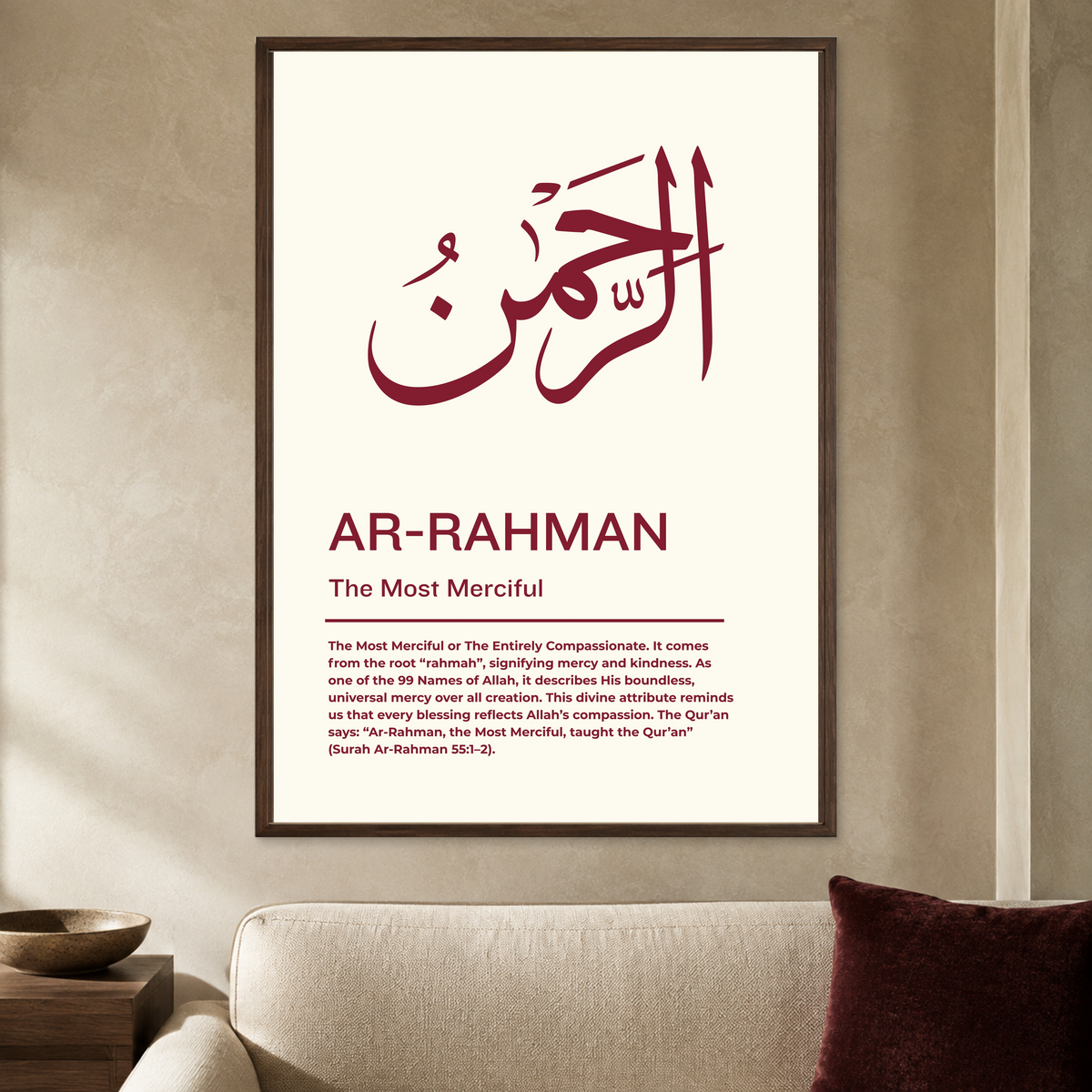 Burgundy Ar-Rahman Framed Wall Poster - The Most Merciful - White / A3 (12 x 17 Inches)